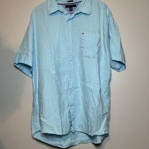 Tommy Hilfiger Shirt Mens 2XL Blue Pure Linen Short Sleeve Casual Button-Up